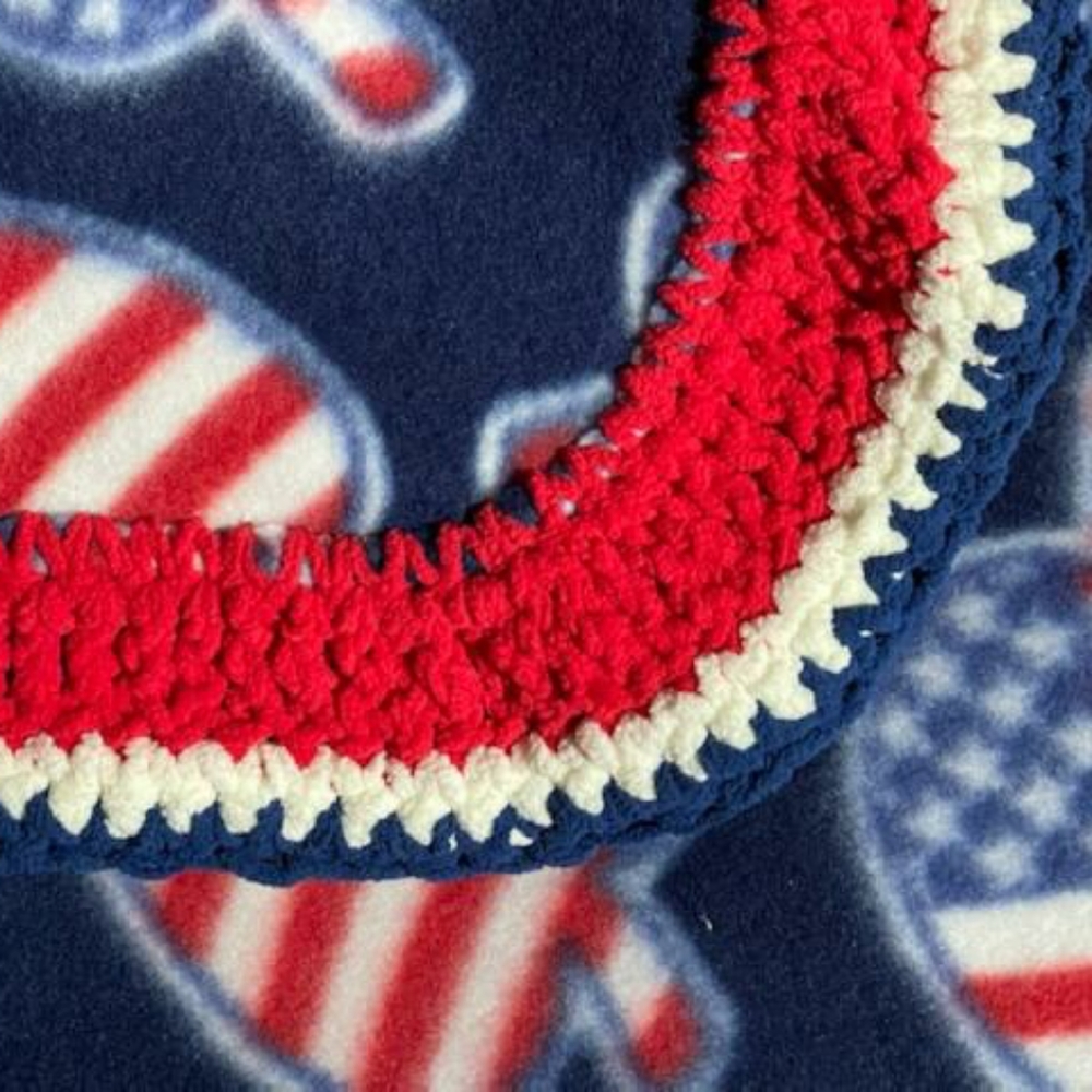 Patriotic themed apple flannel Throw w crocheted borde red white blue Americana
